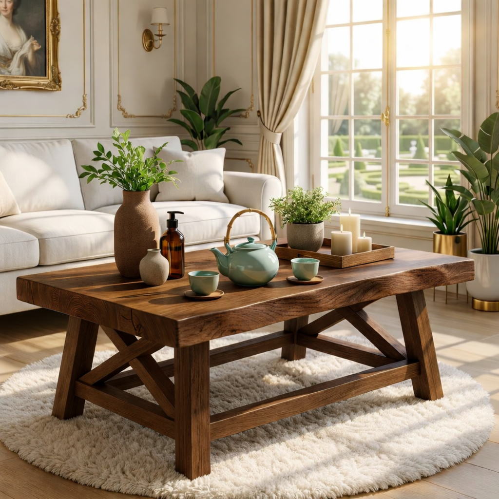 Handcrafted Wooden Coffee Table with X-Shaped Support, Natural Rustic Finish