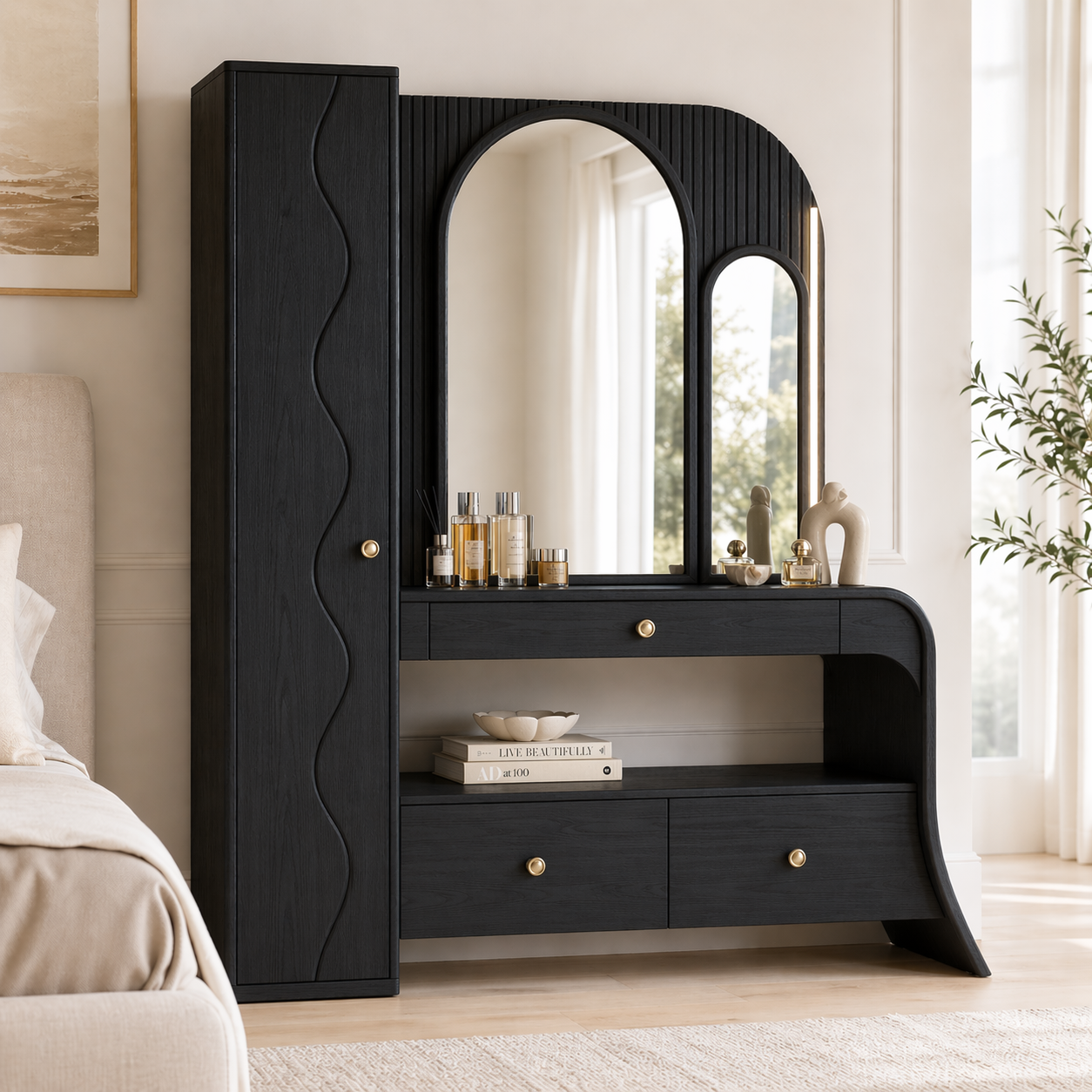 Modern Makeup Vanity Desk With Storage Cabinet Mirror Dressing Table Bedroom Set