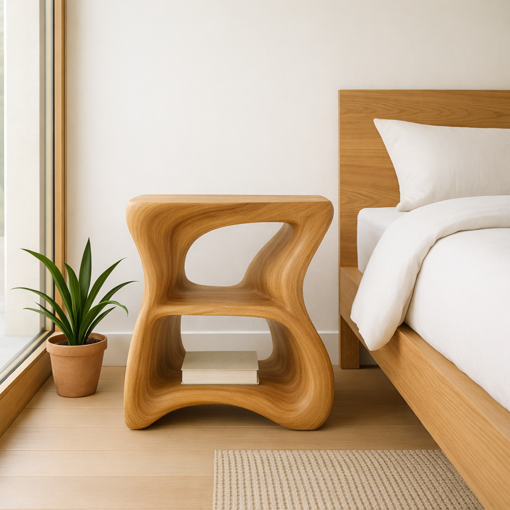 Modern Solid Wood Nightstand with Curved Design - Stylish Bedside Table for Bedroom