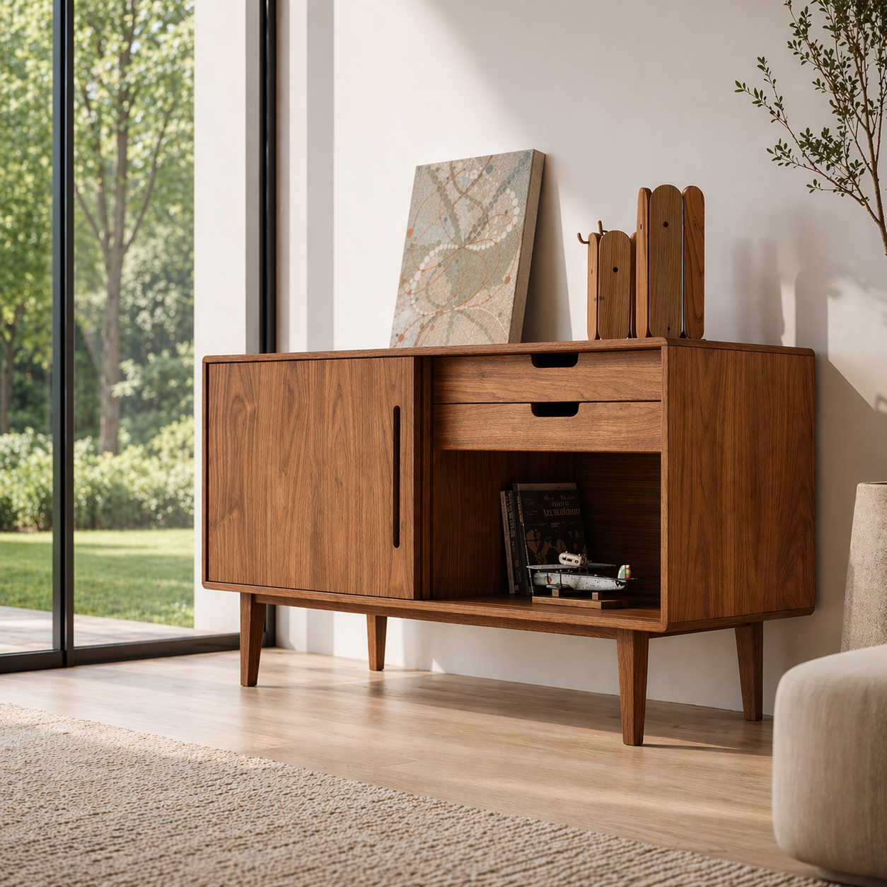 Solid Wood Console Sideboard with Open Shelf – Modern Walnut Storage Cabinet