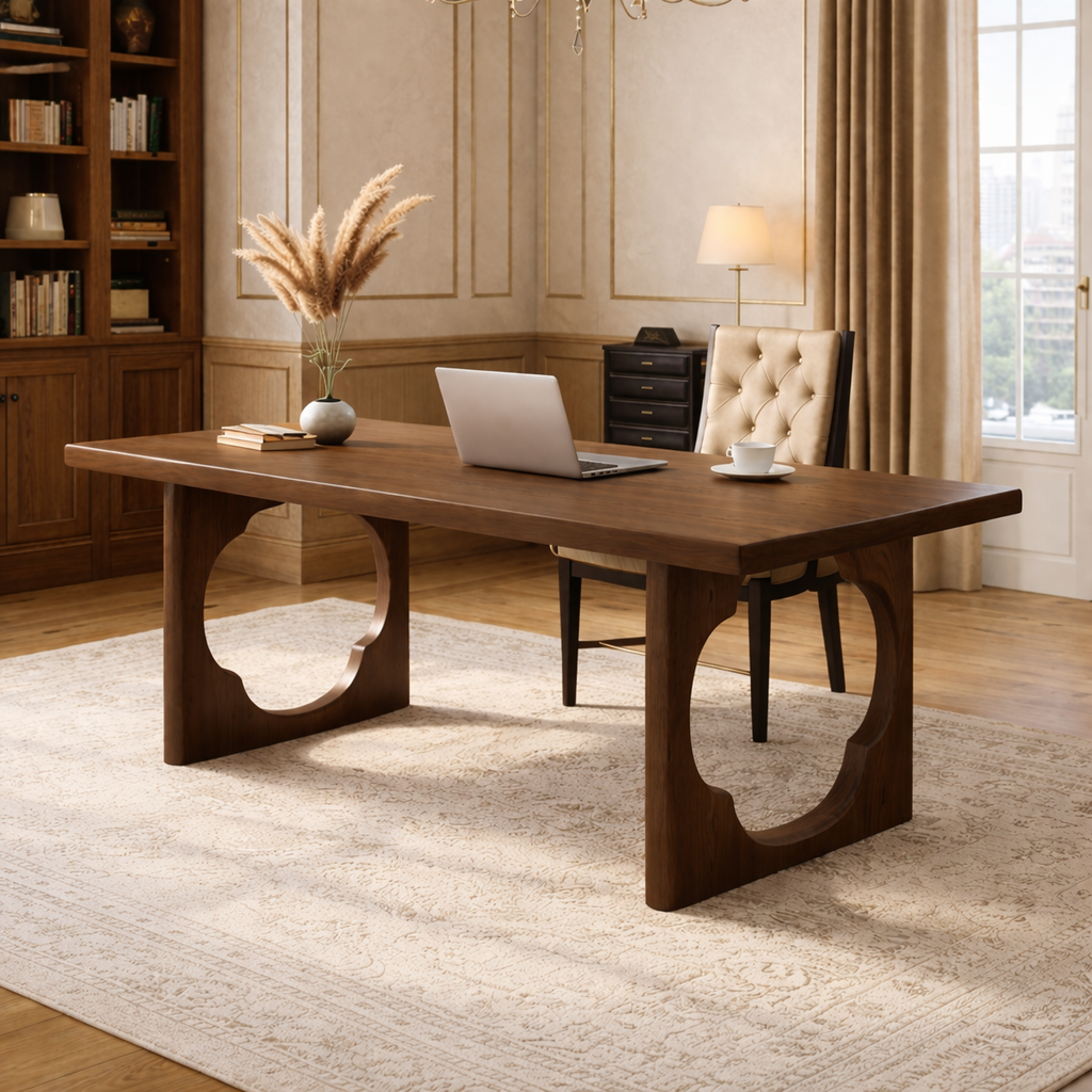 Elegant Wooden Executive Desk with Unique Circular Base for Home Office or Study