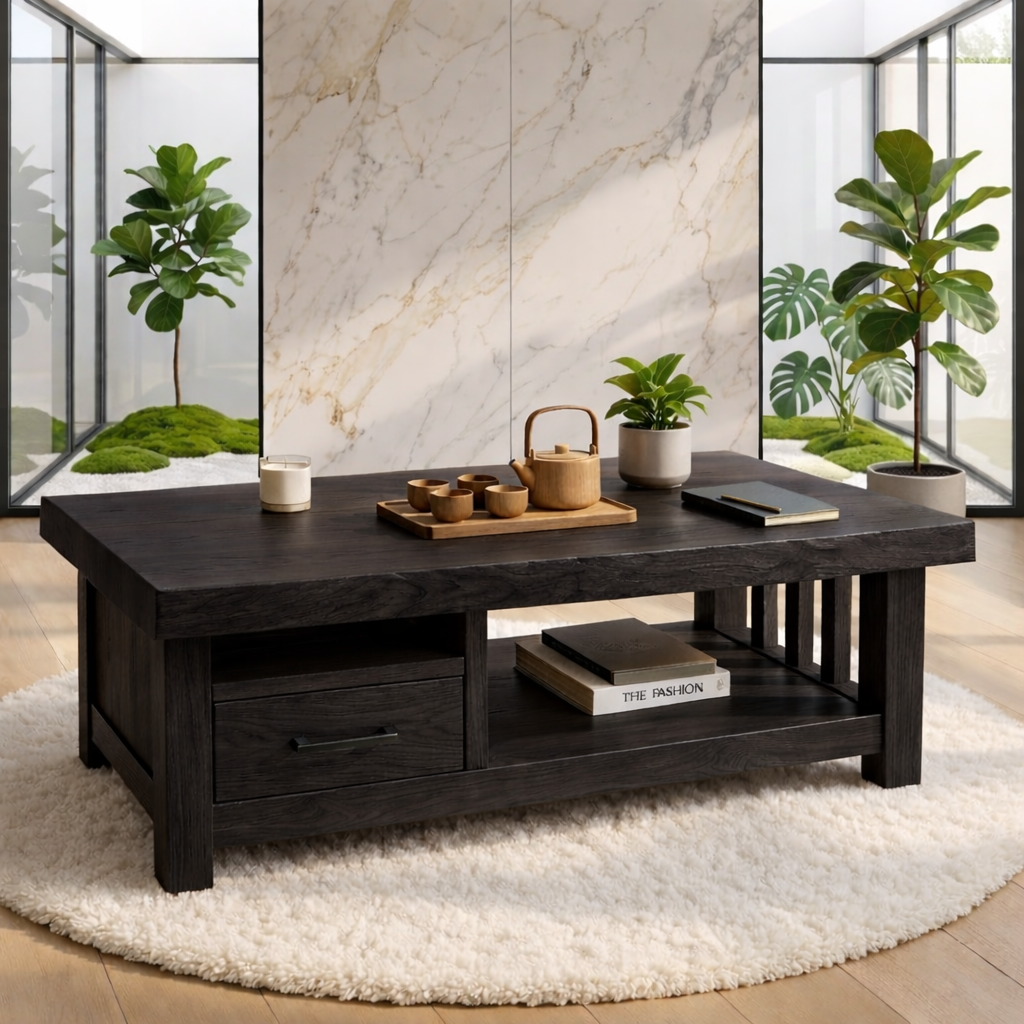 Modern Solid Wood Coffee Table with Drawer and Open Shelf for Living Room Storage