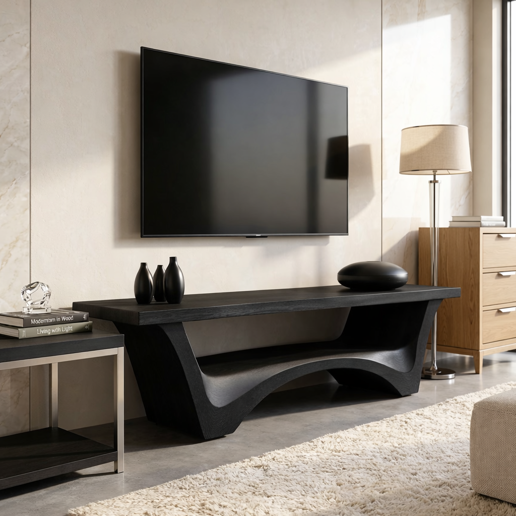 Solid Wood TV Stand with Sculptural Base, Modern Open Media Console