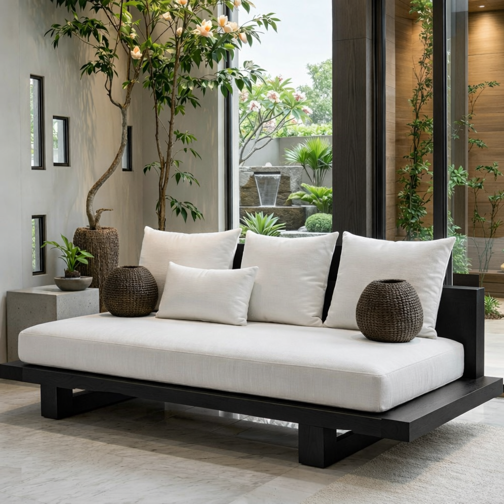 Modern Minimalist Solid Wood Daybed Sofa with White Linen Cushions Zen Style Couch
