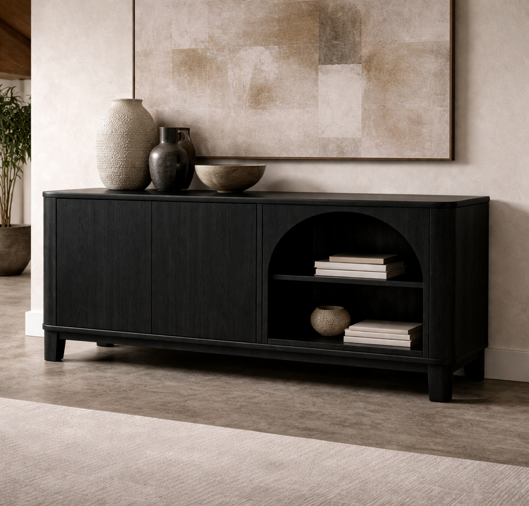 Solid Wood Console Cabinet with Arched Open Shelf and Door Storage