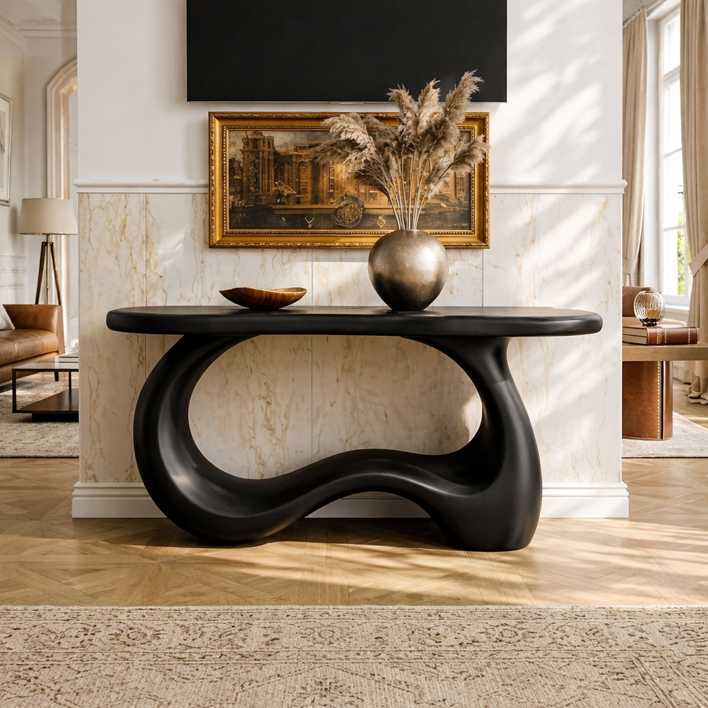 Solid Wood Console Table with Sculpted Curved Base, Modern Organic Design