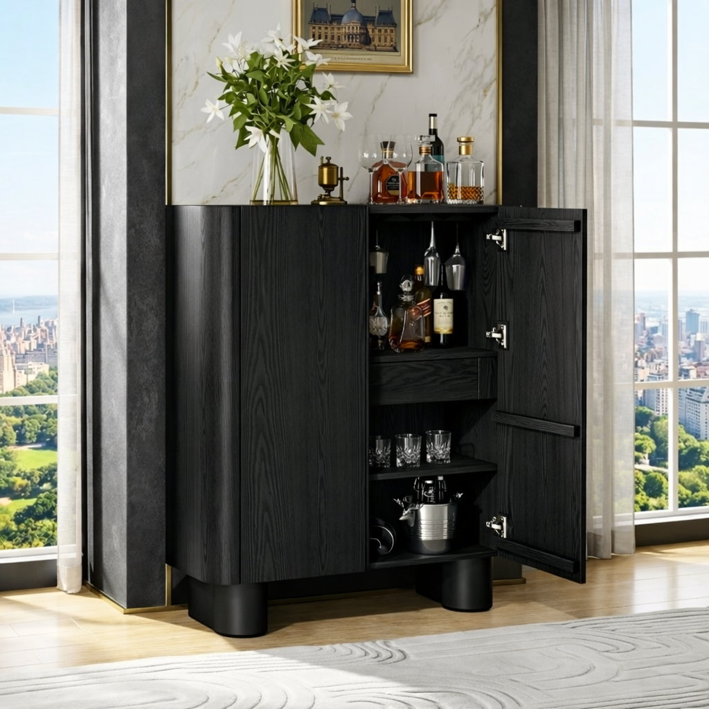 Modern Bar Cabinet with Wine Glass Holder and Concealed Liquor Storage
