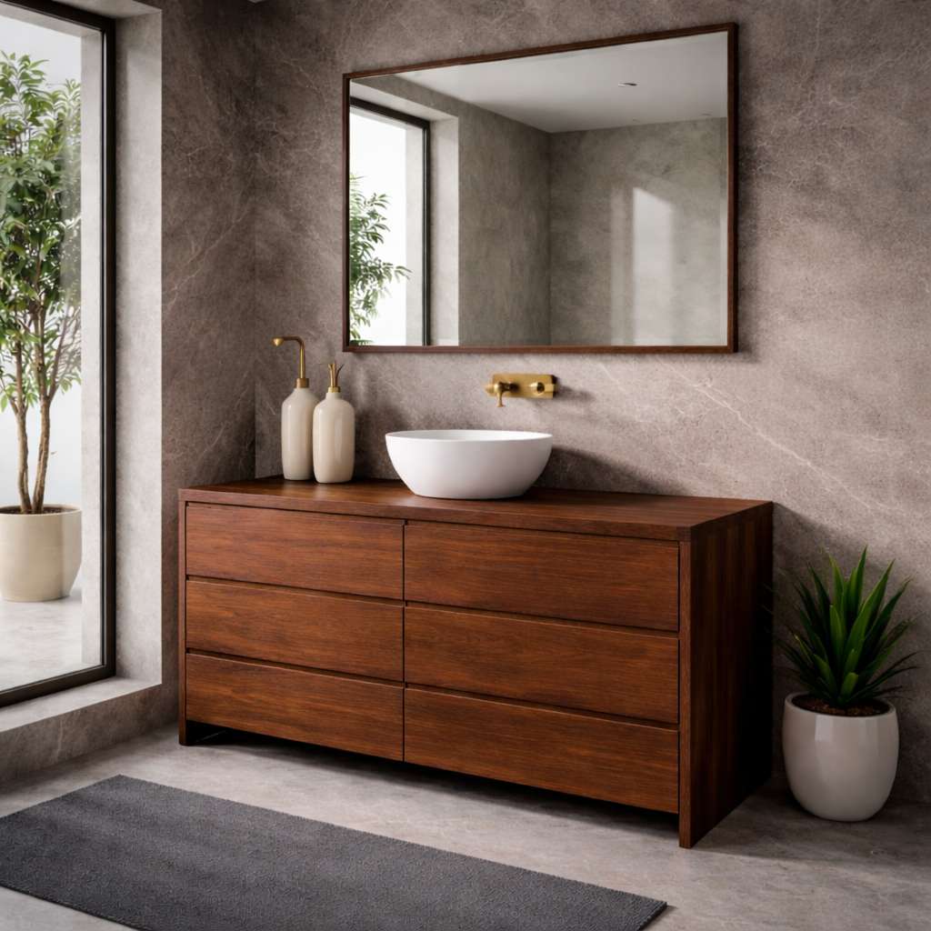 Solid Wood Bathroom Vanity Cabinet with 6 Drawers – Modern Walnut Bathroom Storage