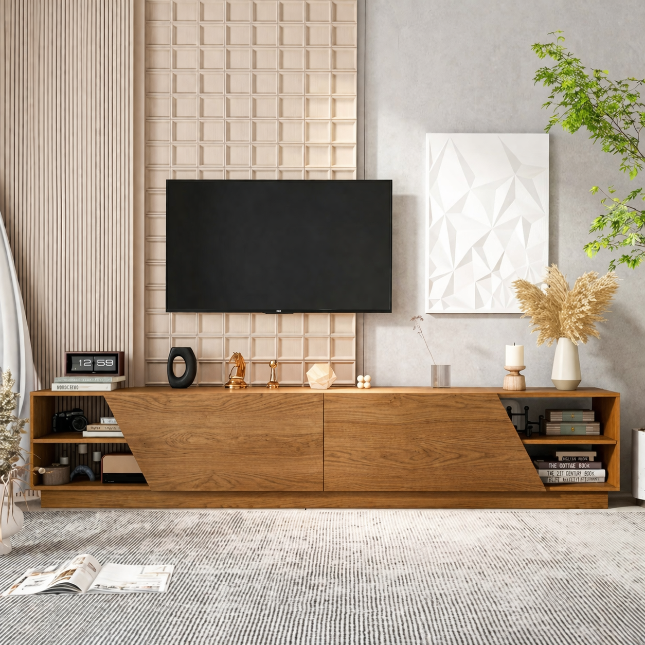 Modern Solid Wood TV Stand Geometric Front Media Console Low Profile Storage Unit
