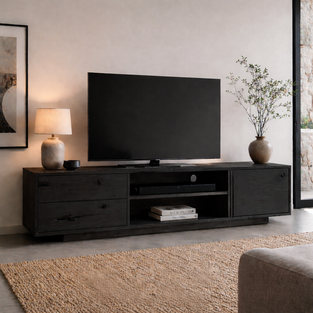 Solid Wood Media Console with Drawers, Modern Rustic TV Stand with Open Storage