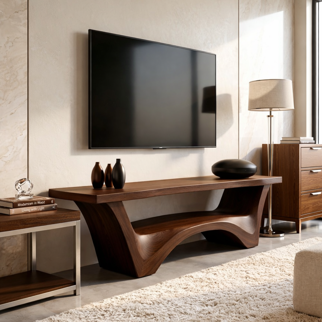 Solid Wood TV Stand with Sculptural Base, Modern Open Media Console