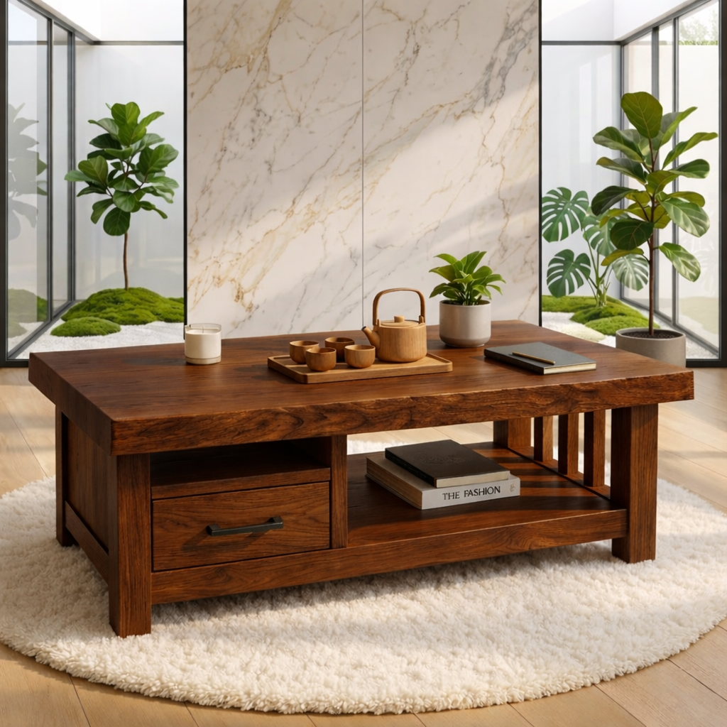 Modern Solid Wood Coffee Table with Drawer and Open Shelf for Living Room Storage