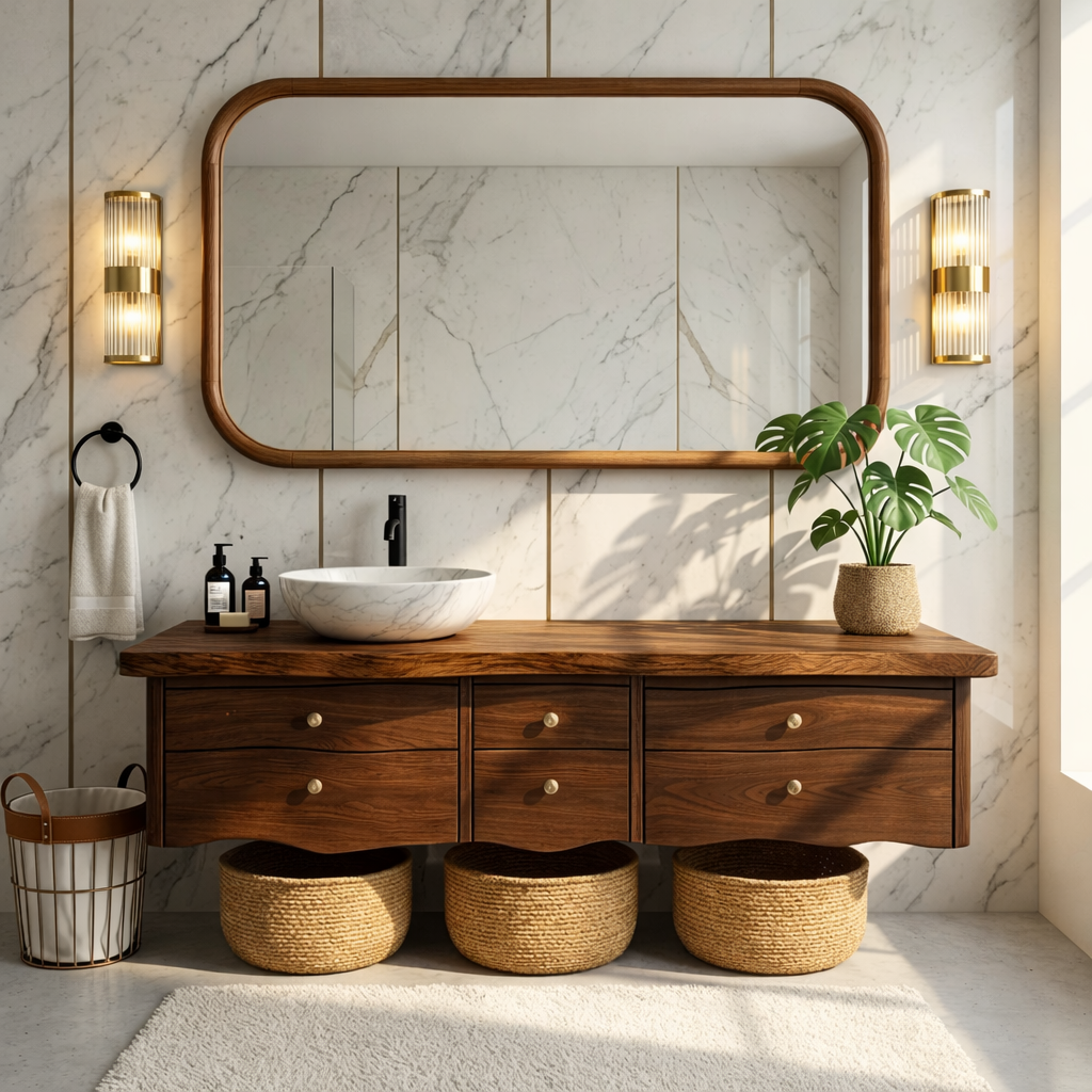 Rustic Double Sink Floating Vanity with Wooden Base and Black Faucets