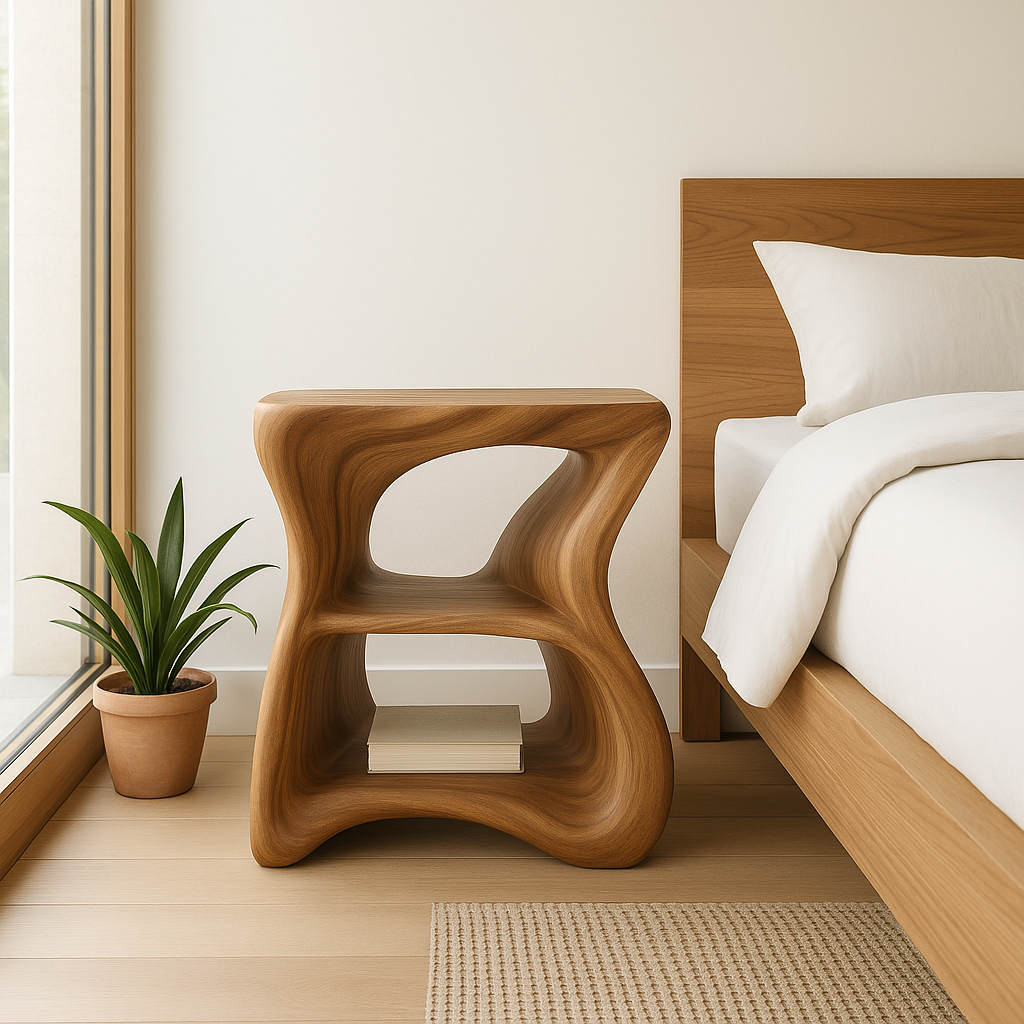 Modern Solid Wood Nightstand with Curved Design - Stylish Bedside Table for Bedroom