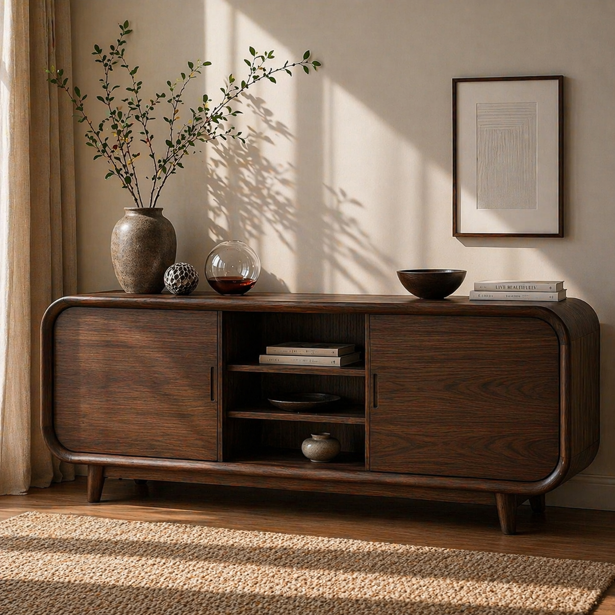Modern Solid Wood Sideboard Cabinet with Sliding Doors & Open Shelf Storage
