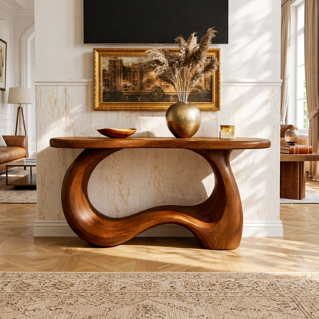 Solid Wood Console Table with Sculpted Curved Base, Modern Organic Design