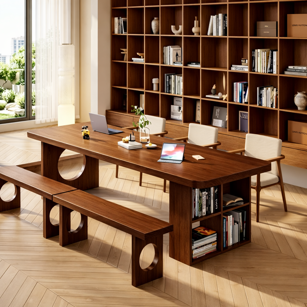 Stylish Work Desk with Open Shelves and Round Accent for Home or Office