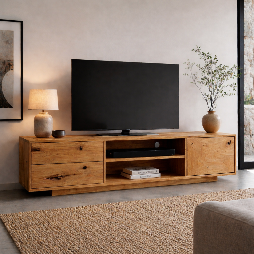 Solid Wood Media Console with Drawers, Modern Rustic TV Stand with Open Storage
