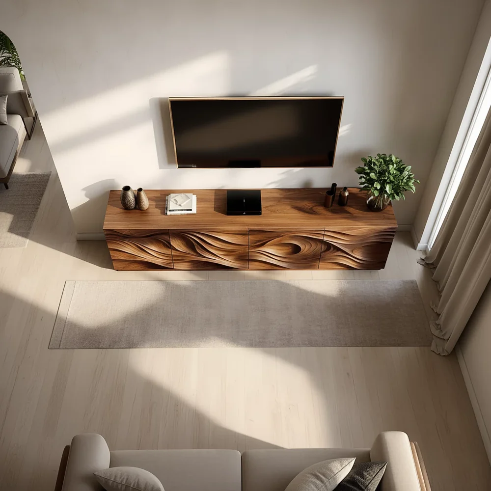 Solid Wood TV Stand Modern Walnut Media Console with Sculpted Wave Doors and Storage