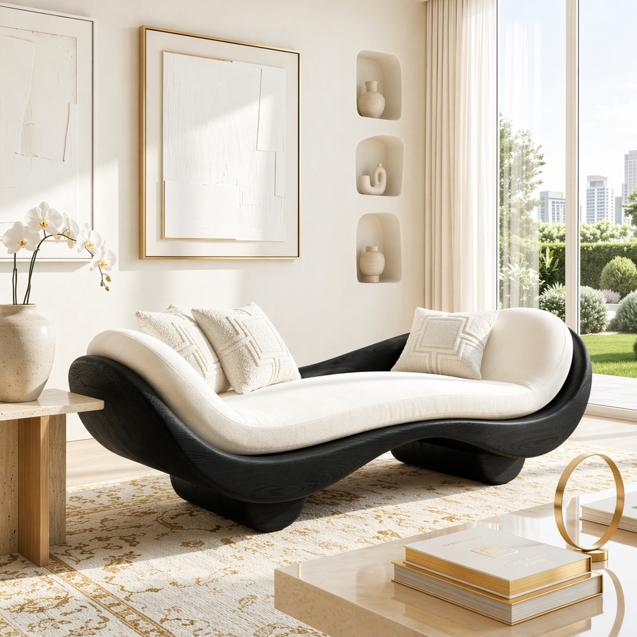 Organic Modern Wooden Chaise Lounge, Sculptural Minimalist Sofa with Cream Cushion