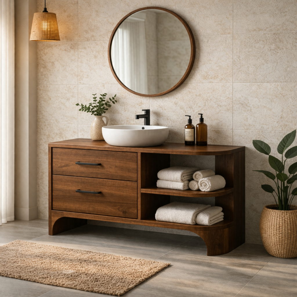 Wood Bathroom Vanity with Drawers and Open Shelf – Modern Bathroom Vanity Cabinet