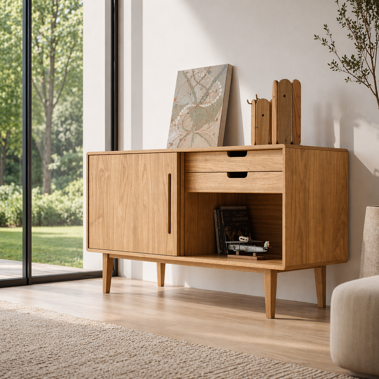 Solid Wood Console Sideboard with Open Shelf – Modern Walnut Storage Cabinet