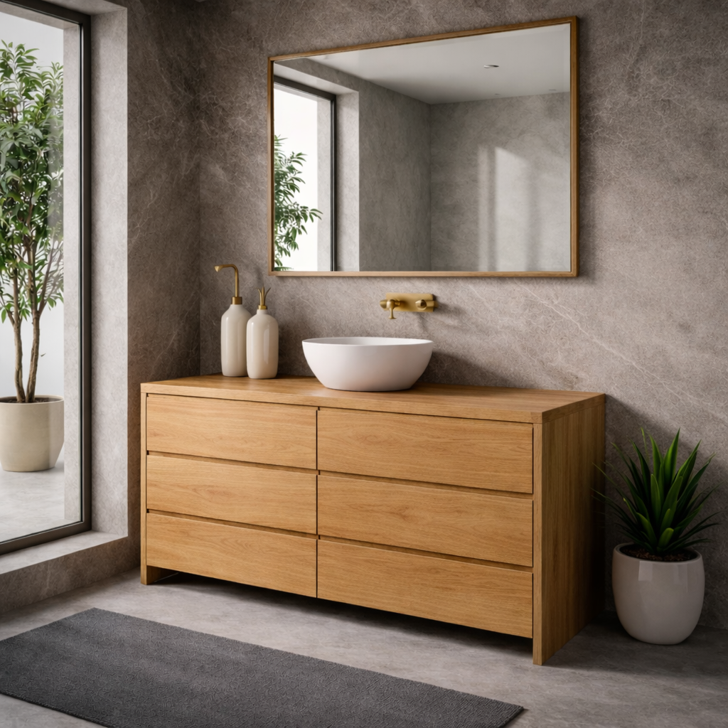Solid Wood Bathroom Vanity Cabinet with 6 Drawers – Modern Walnut Bathroom Storage