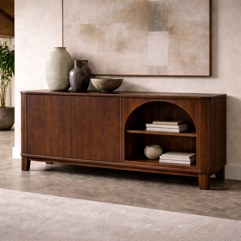 Solid Wood Console Cabinet with Arched Open Shelf and Door Storage