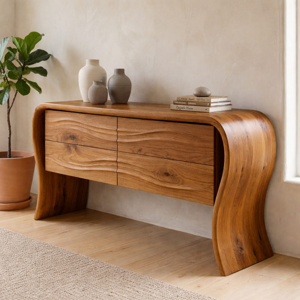 Solid Oak Console Cabinet with Drawers – Modern Curved Wood Entryway Table