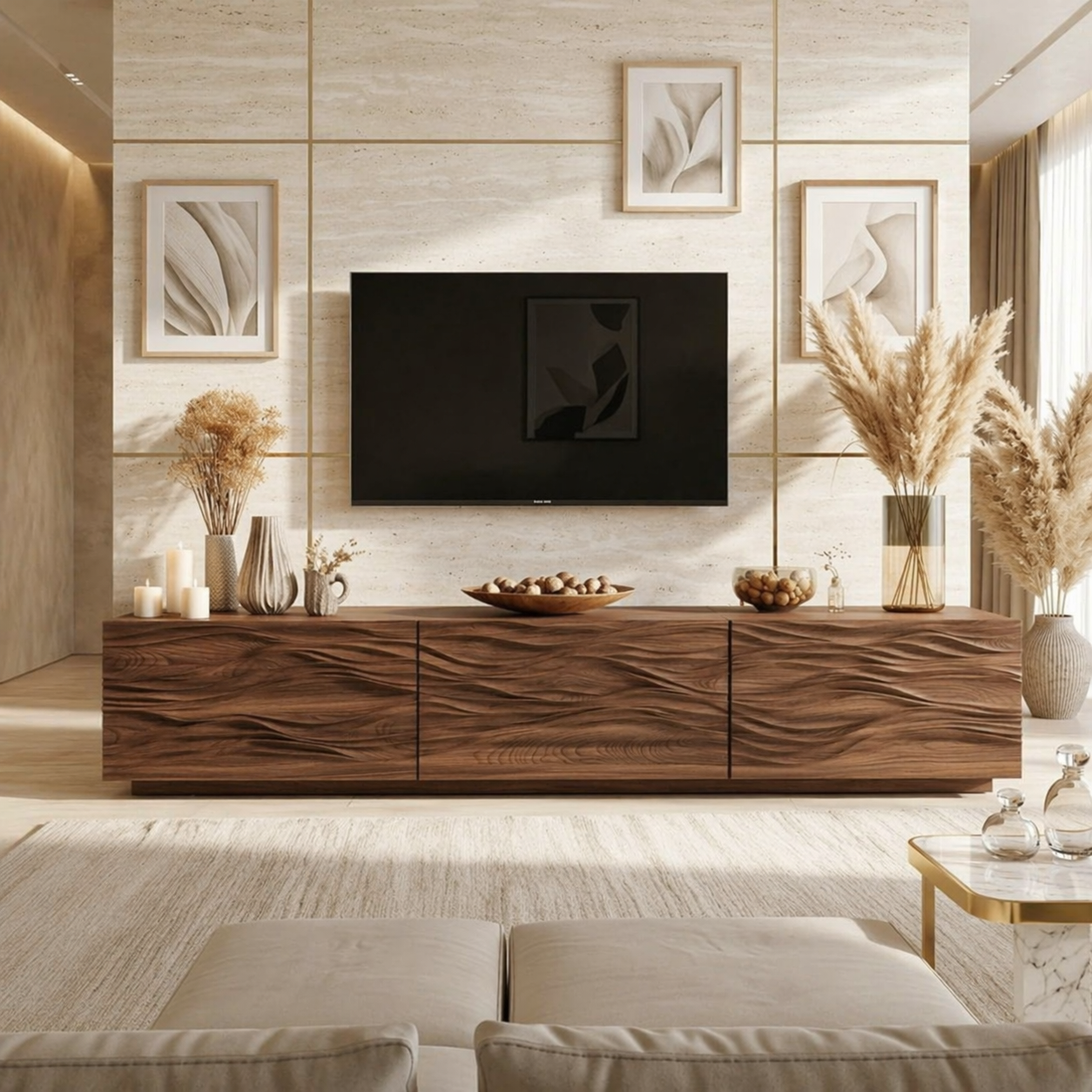 Sculptural Wave Carved TV Console, Modern Entertainment Cabinet for Refined Interiors