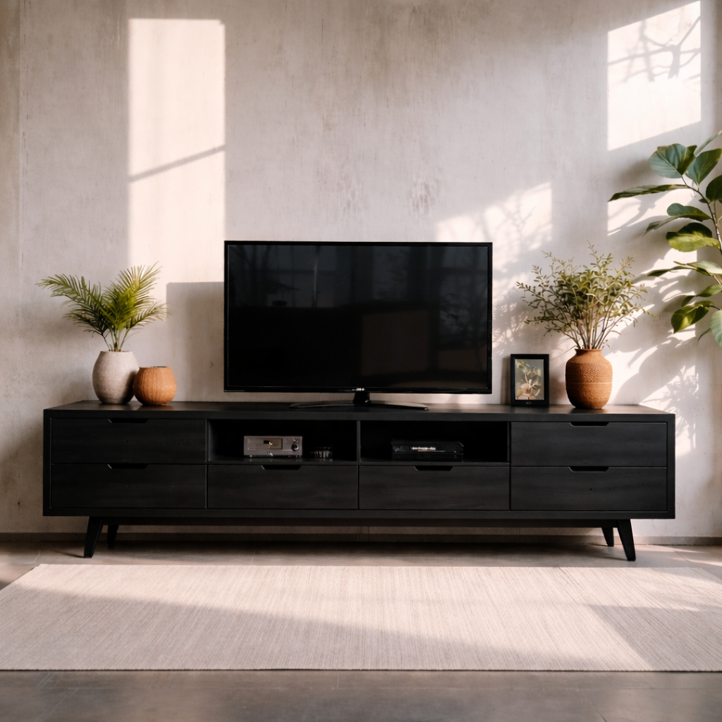Solid Wood Media Console with Drawers – Modern TV Stand for Living Room Storage