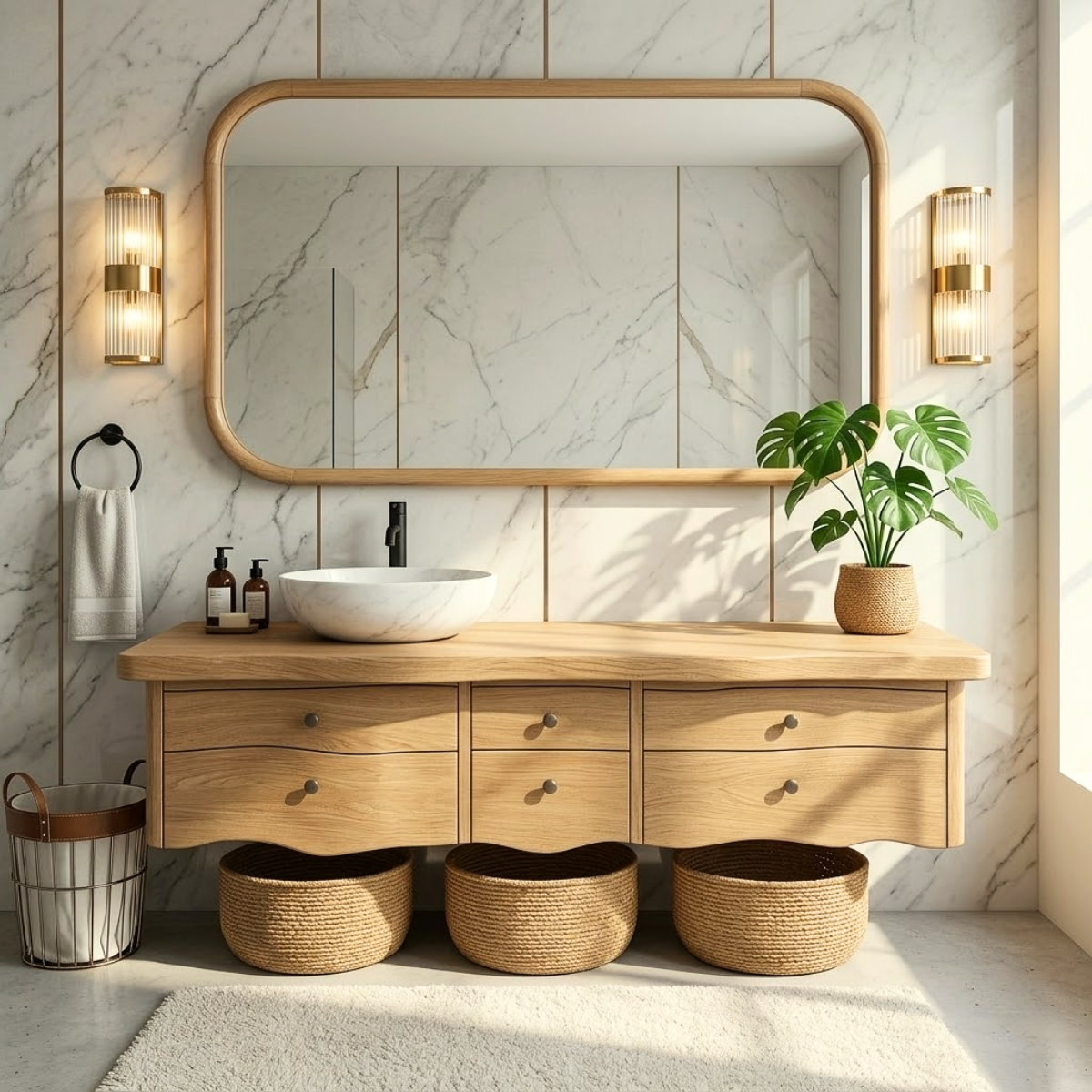 Rustic Double Sink Floating Vanity with Wooden Base and Black Faucets