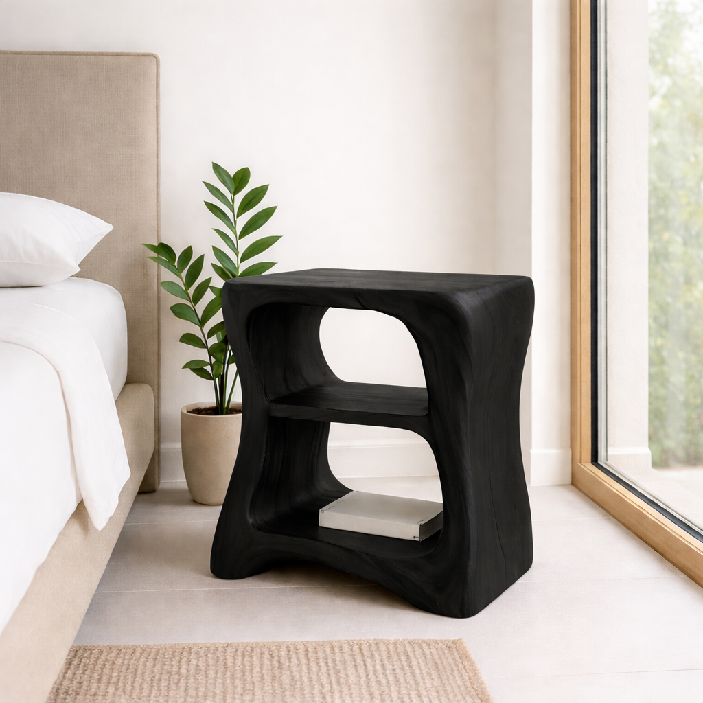 Modern Wooden Nightstand with Curved Design - Solid Wood Bedside Table for Bedroom