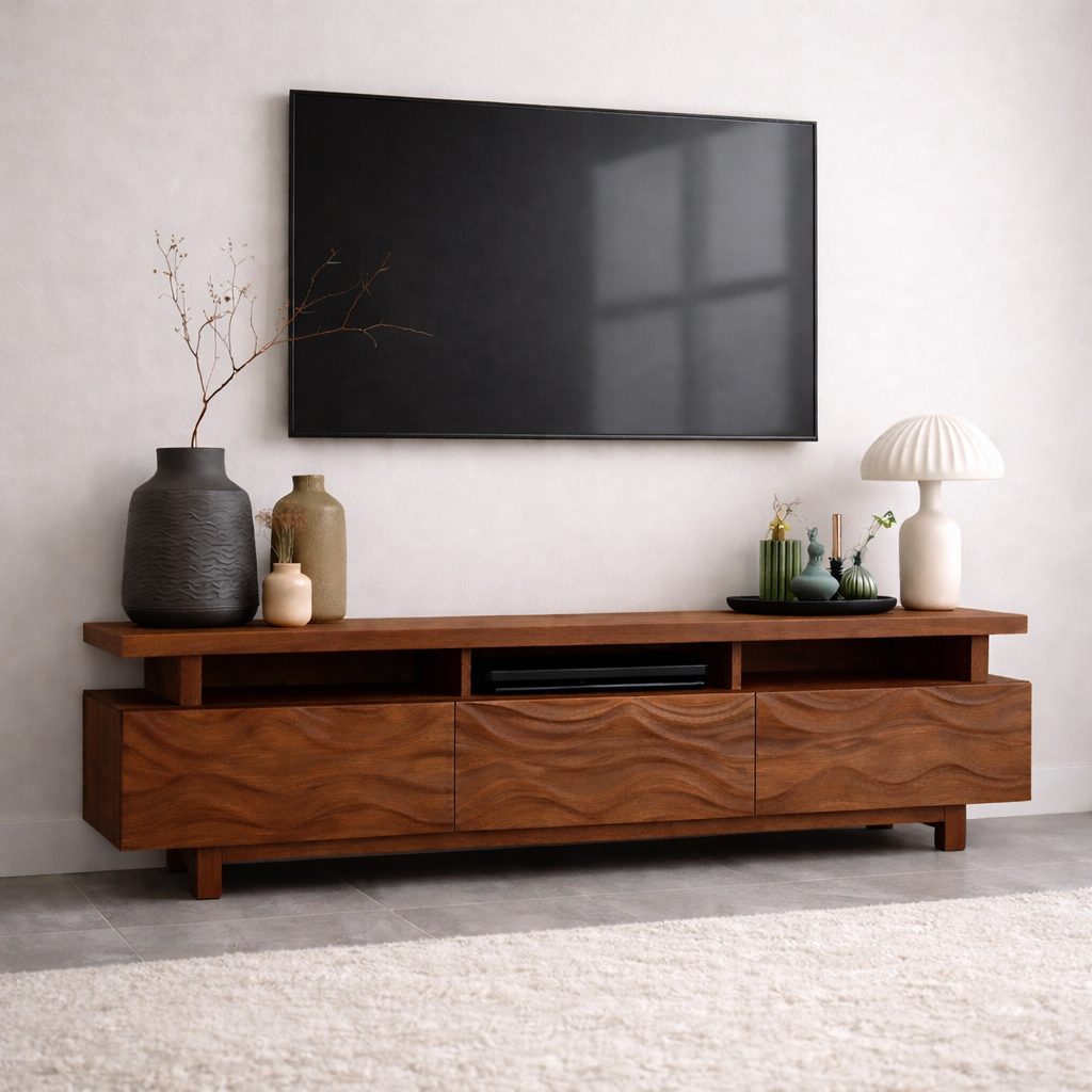 Mid Century Solid Wood TV Stand Long Media Console Modern Entertainment Cabinet