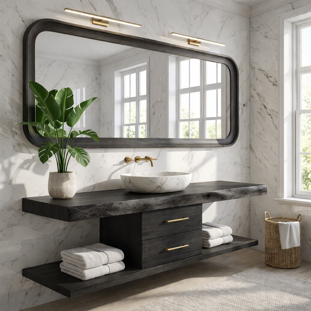 Luxury Floating Vanity with Walnut Wood, Large Storage, and Modern Design