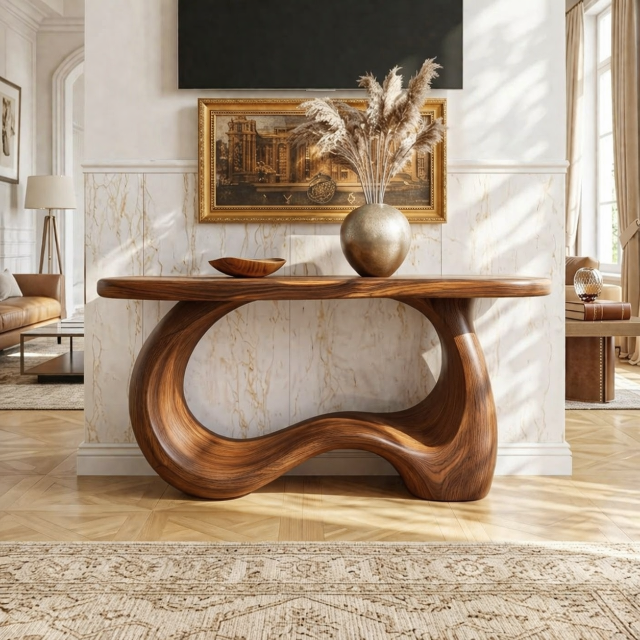 Solid Wood Console Table with Sculpted Curved Base, Modern Organic Design