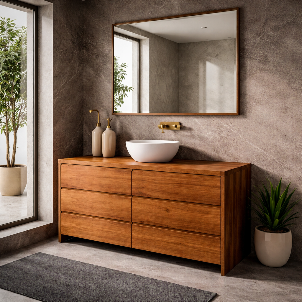 Solid Wood Bathroom Vanity Cabinet with 6 Drawers – Modern Walnut Bathroom Storage