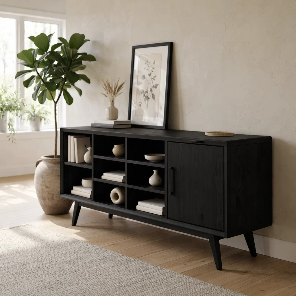 Solid Oak Console Cabinet with Shelves & Door – Modern Storage Sideboard Table