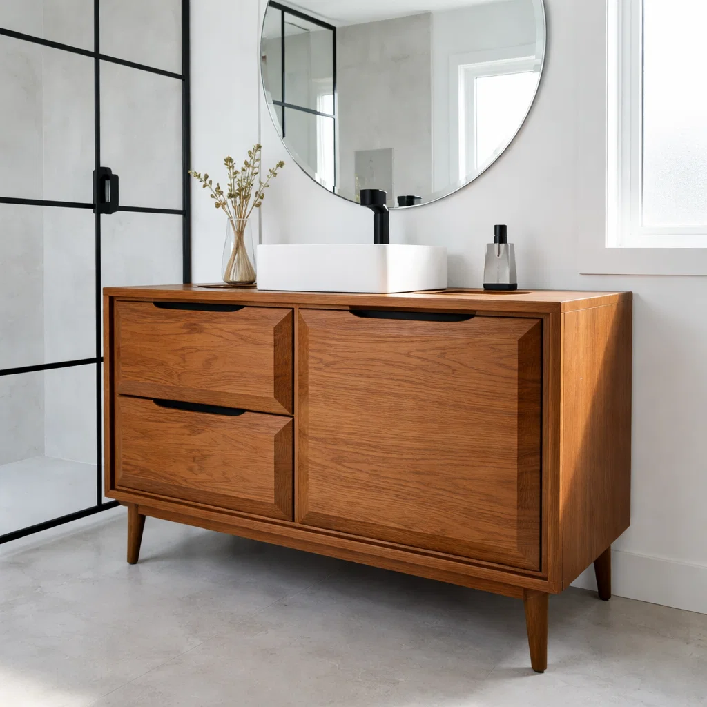 Solid Wood Bathroom Vanity with Drawer & Cabinet – Modern Minimal Base
