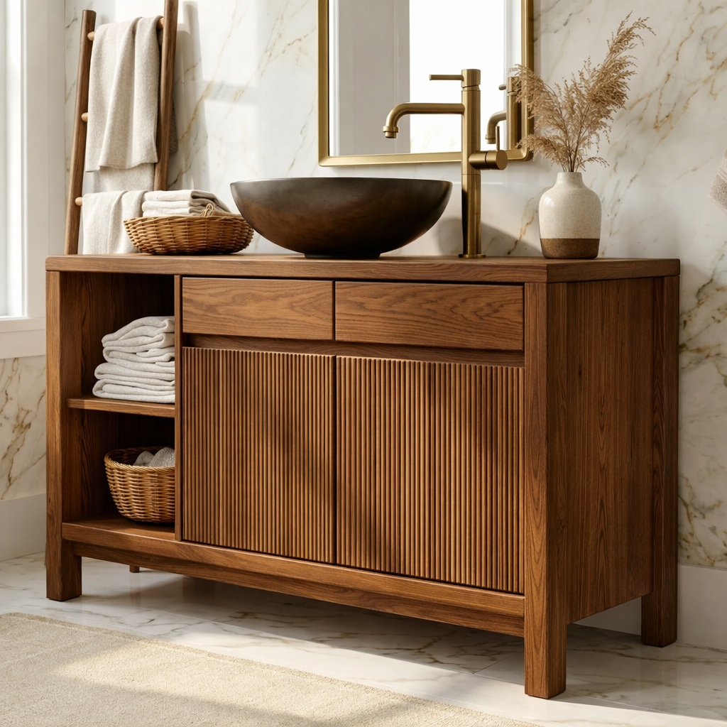 Modern Solid Wood Bathroom Vanity with Fluted Doors and Open Shelf Storage