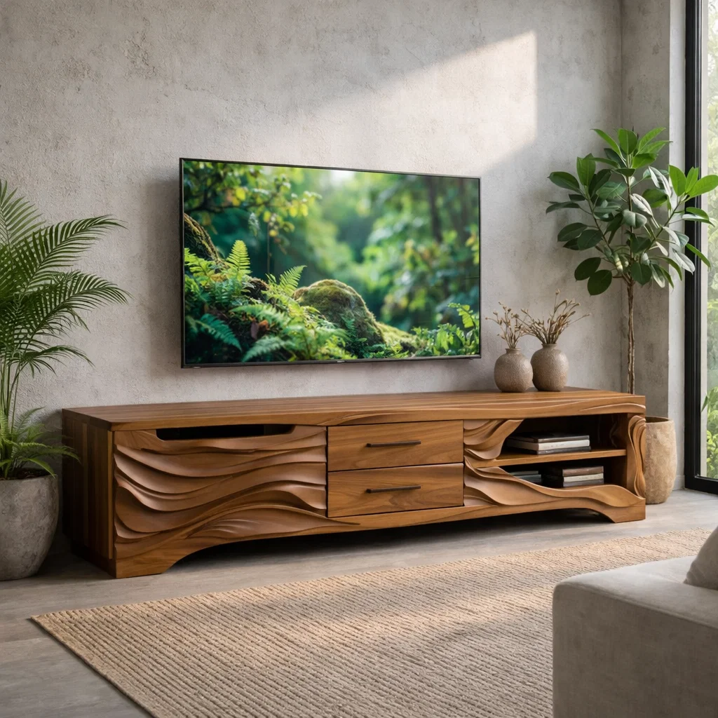 Solid Wood TV Stand with Carved Wave Front – Modern Media Console for Living Room