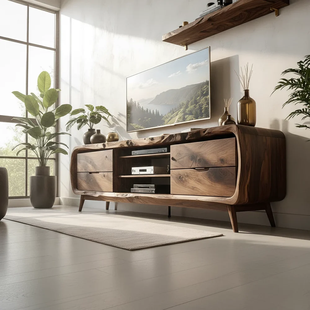 Solid Wood TV Stand Modern Walnut Media Console with Mid Century Design