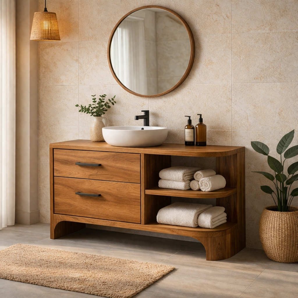 Wood Bathroom Vanity with Drawers and Open Shelf – Modern Bathroom Vanity Cabinet