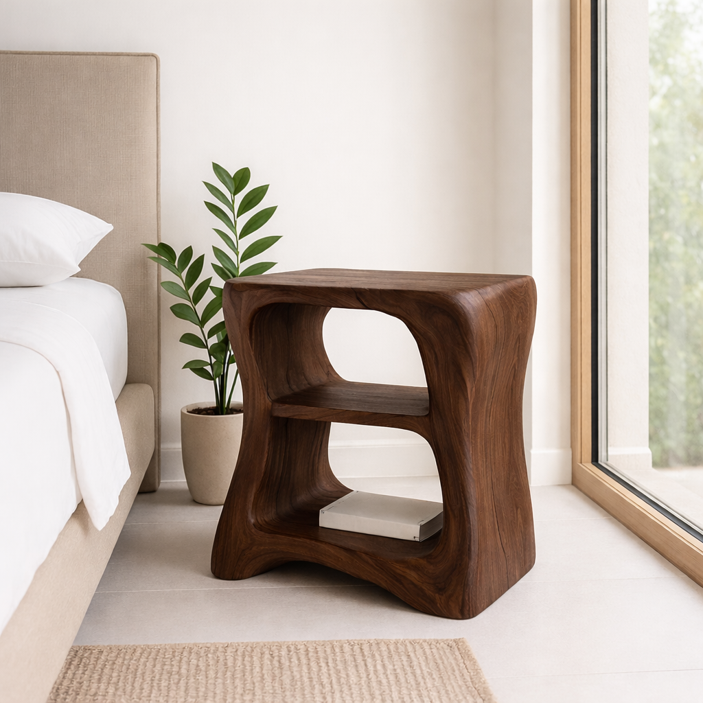 Modern Wooden Nightstand with Curved Design - Solid Wood Bedside Table for Bedroom