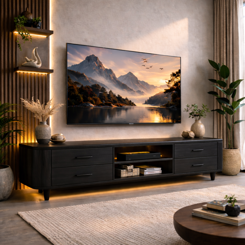 Mid Century Solid Wood TV Stand with Drawers and Open Shelf – Modern Media Console
