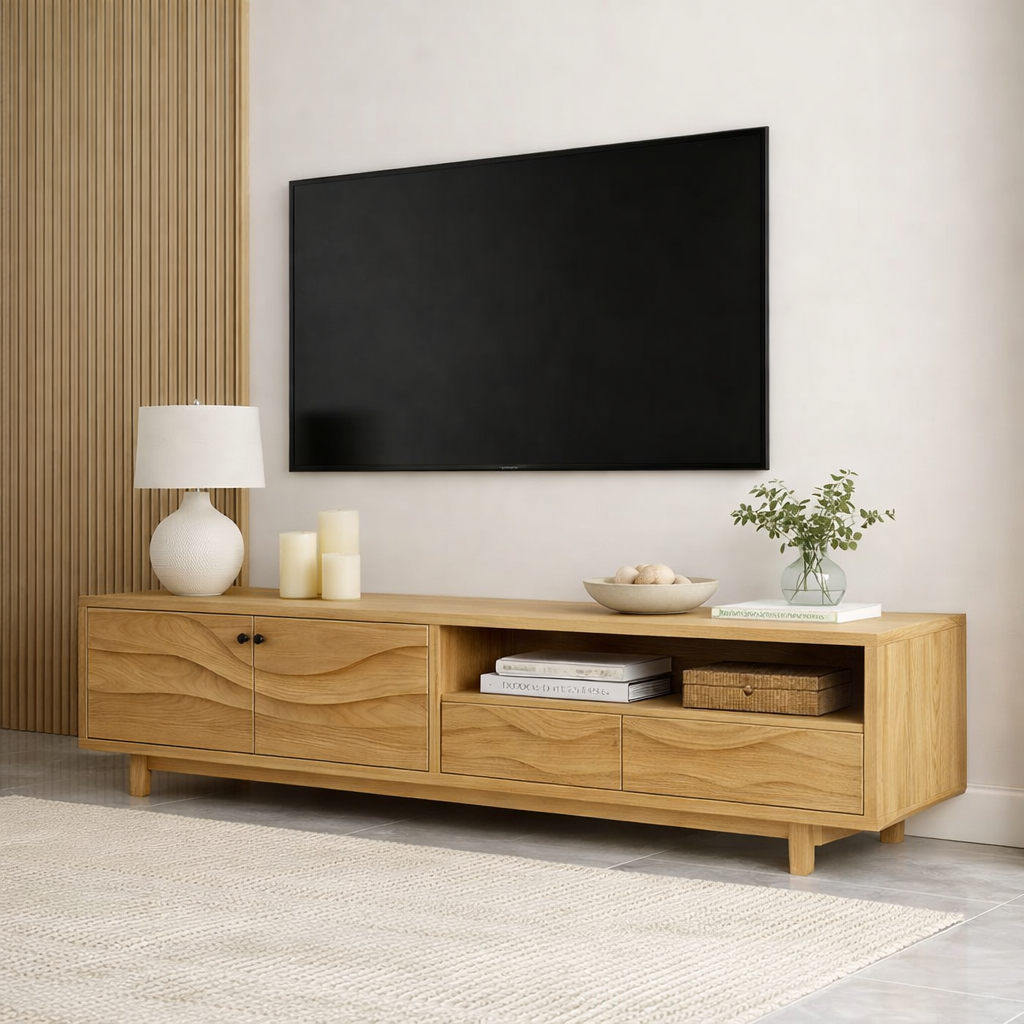 Mid Century Solid Wood TV Stand Long Media Console Modern Entertainment Cabinet