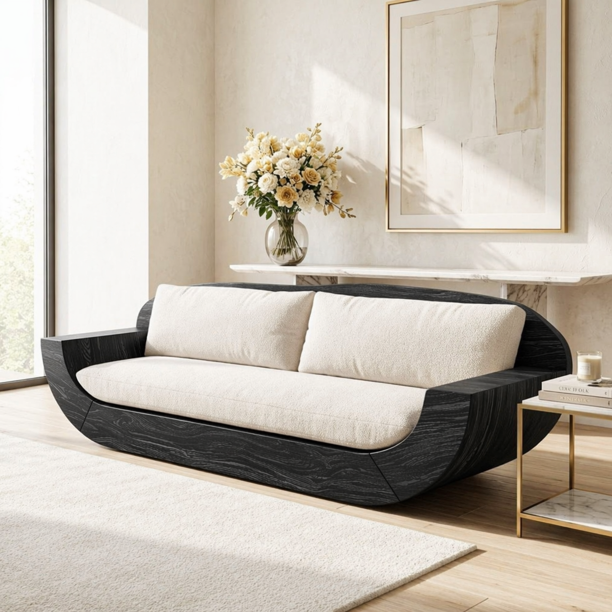 Modern Curved Upholstered Sofa, Sculptural Accent Seating for Elegant Home Interiors