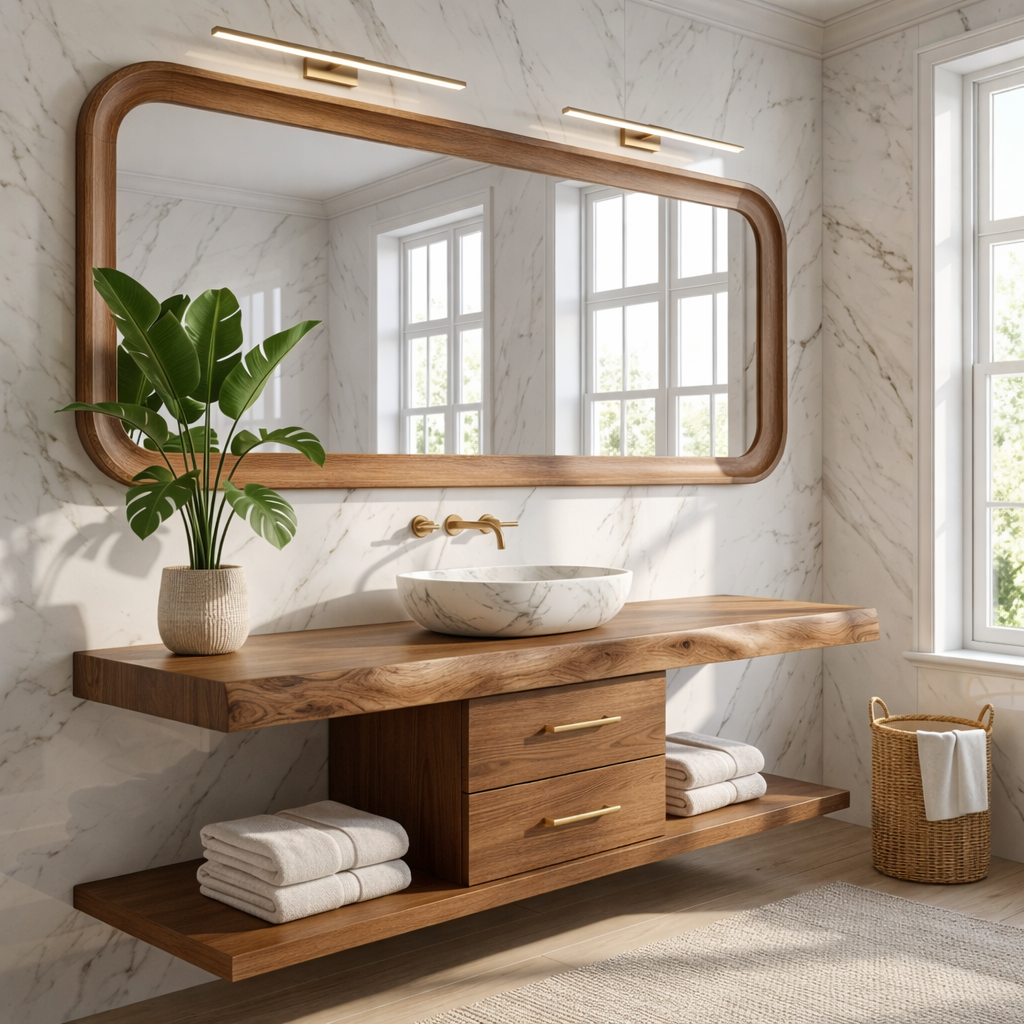 Luxury Floating Vanity with Walnut Wood, Large Storage, and Modern Design