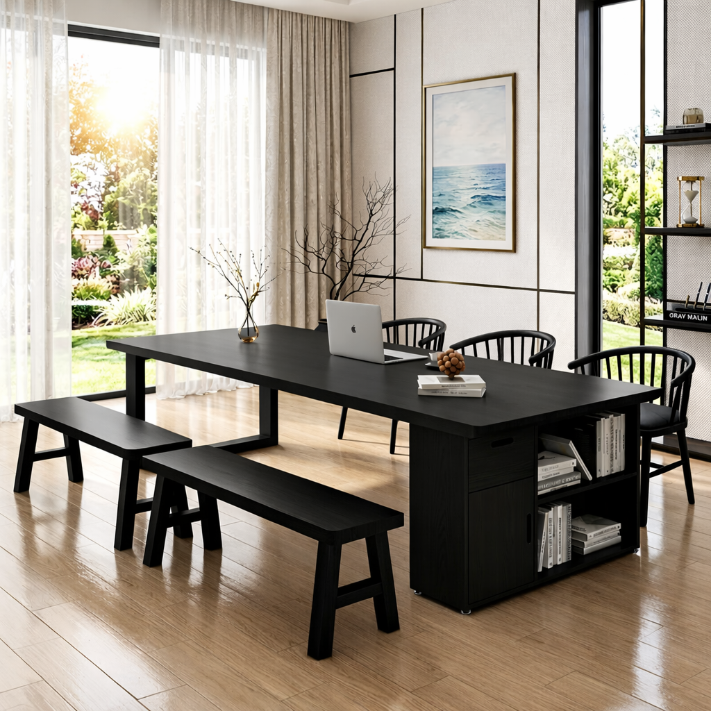 Modern Wooden Desk with Storage and Benches for Office or Home