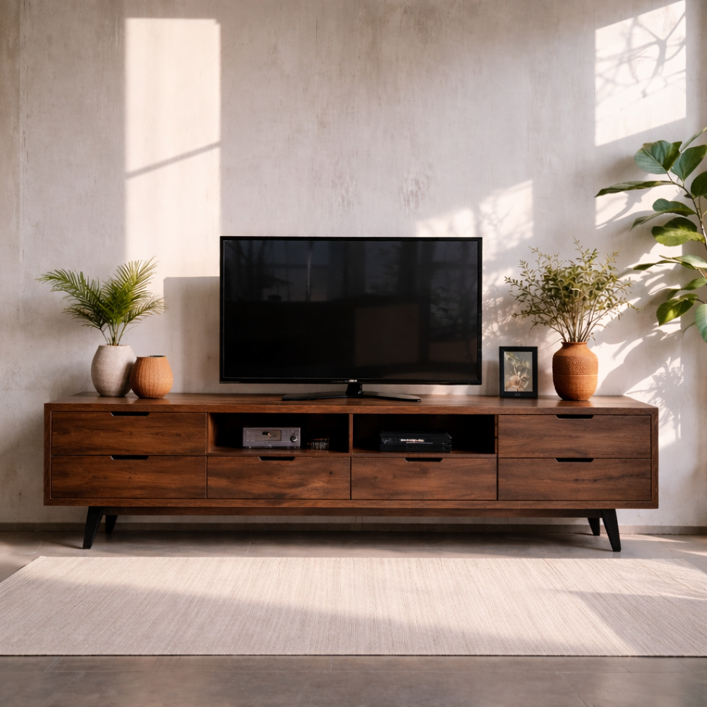 Solid Wood Media Console with Drawers – Modern TV Stand for Living Room Storage